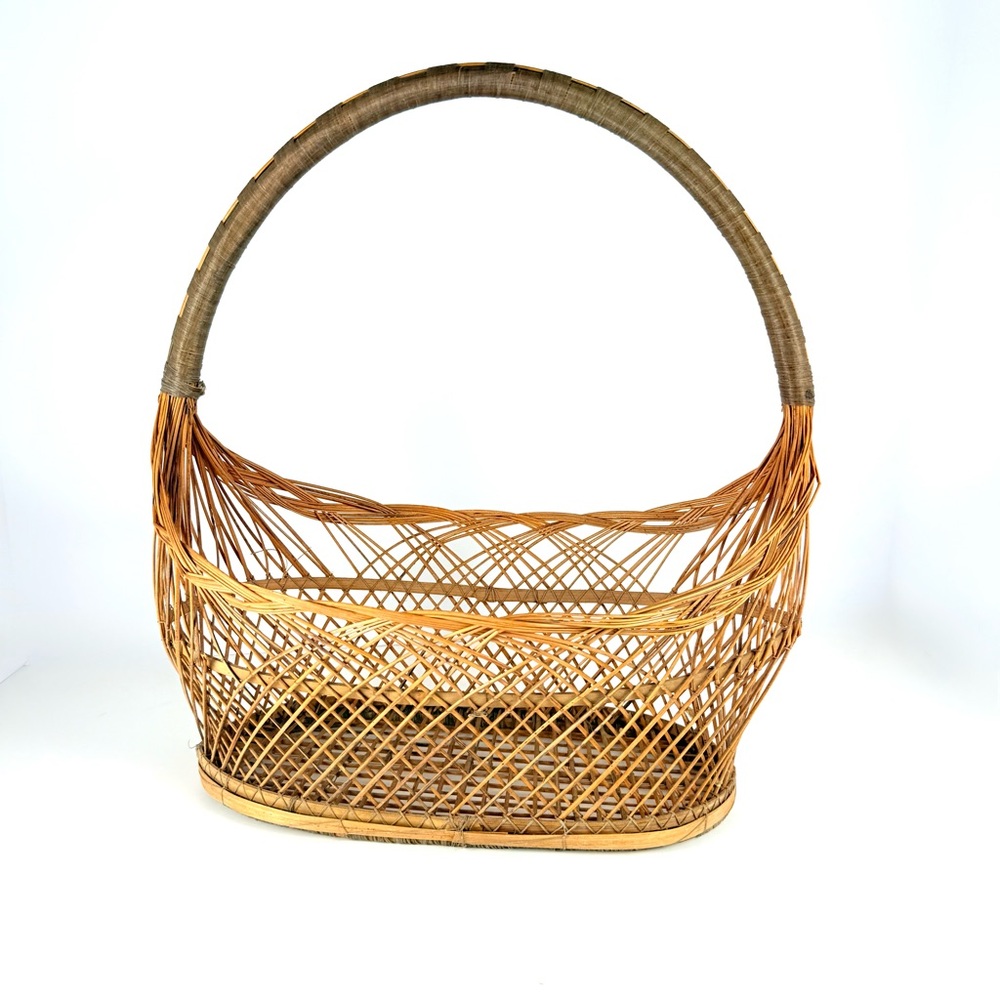 Vintage Narrow Oval Woven Reed Basket with Handle -handmade Boho Decor Farmhouse
